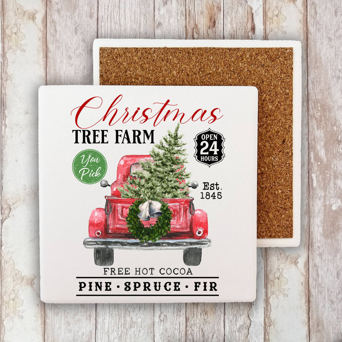 Christmas Tree Farm Red Pick Up Stone Coaster