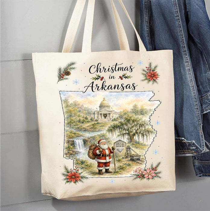 Christmas in Arkansas State Map Canvas Tote Bag