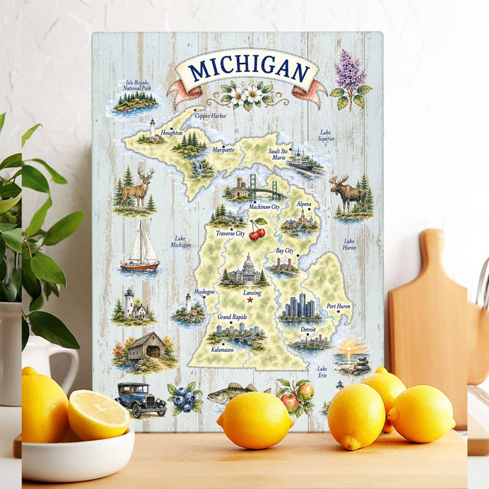 Michigan State Map Landmark Glass Cutting Board