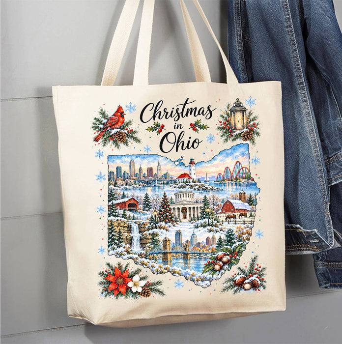 Christmas in Ohio State Map Canvas Tote Bag