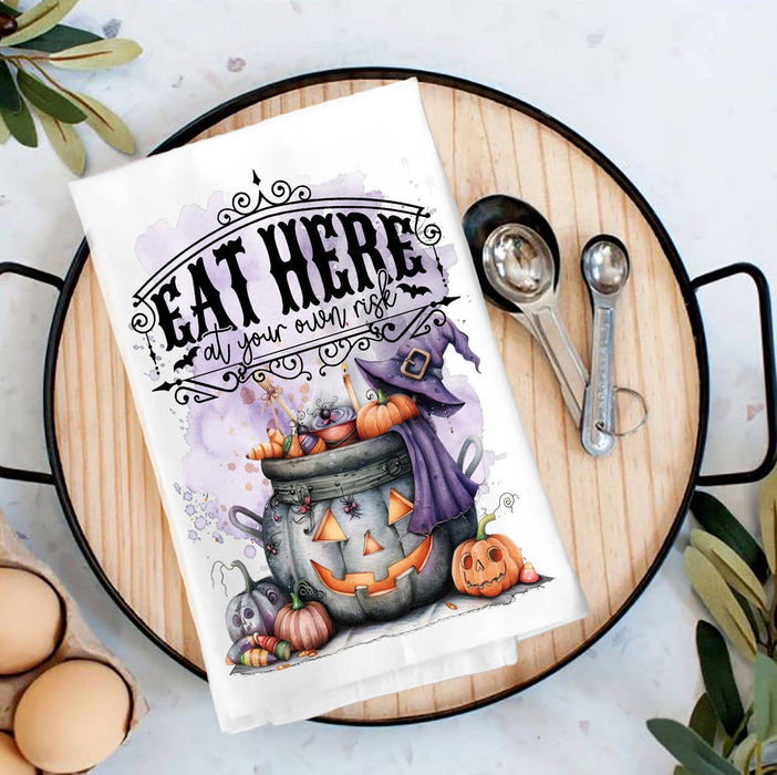 Halloween Eat at your Own Risk Tea Towel