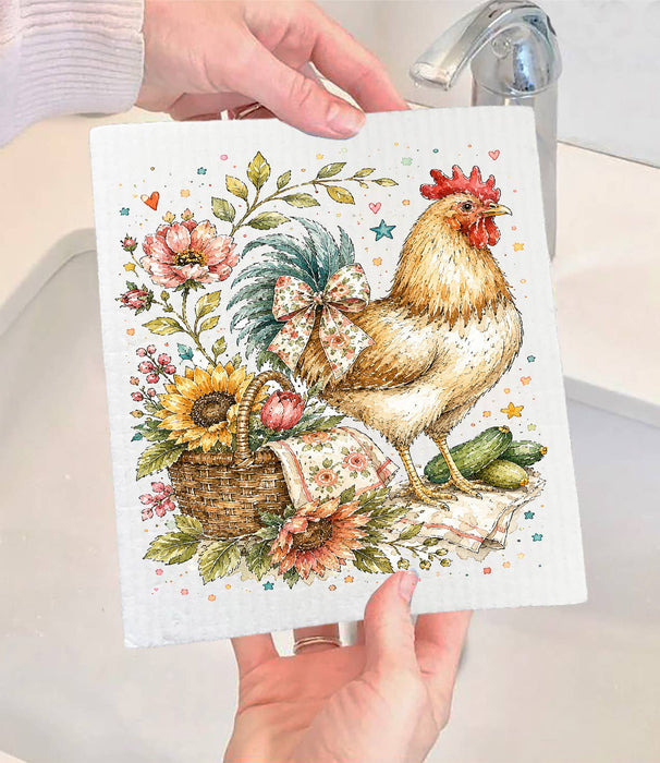 Whimsical Country Hen Flowers Swedish Dishcloth