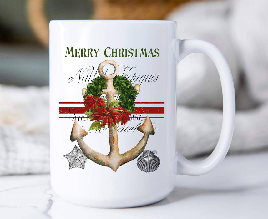 Merry Christmas Anchor Nautical Ocean Coffee Mug