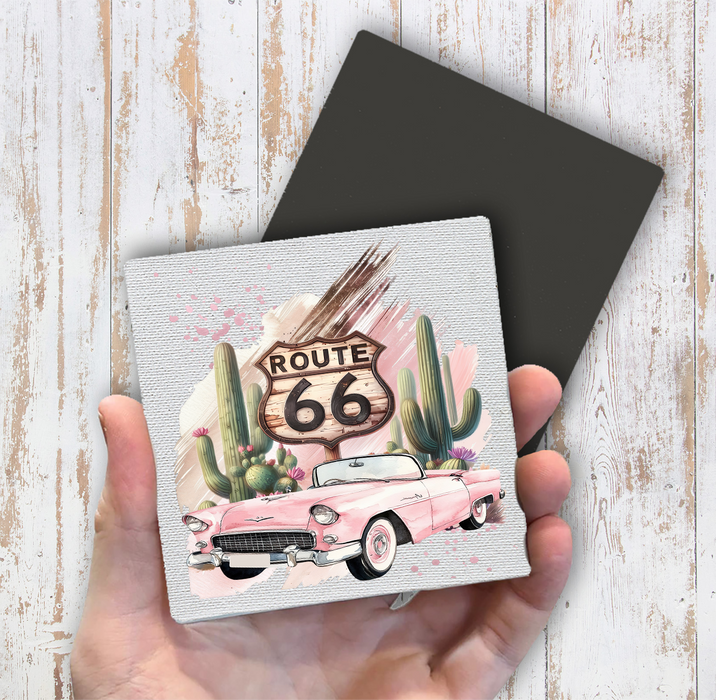Route 66 Pink Vintage Car  Magnet Fridge