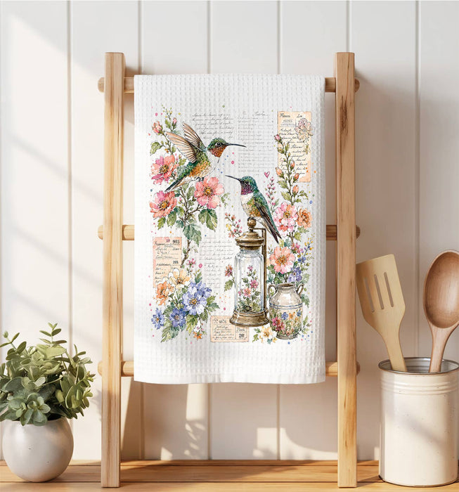 Vintage Flowers Hummingbirds Waffle Weave Towel