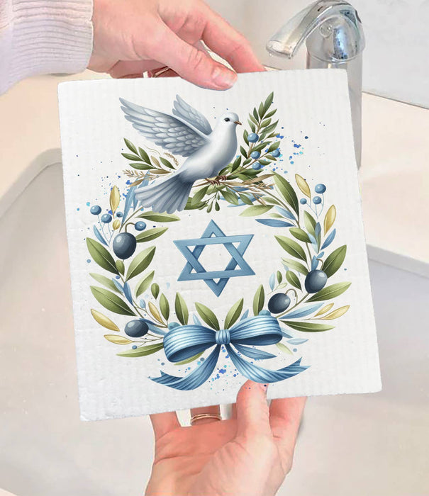 Hanukkah Olive Branch Dove Swedish Dishcloth