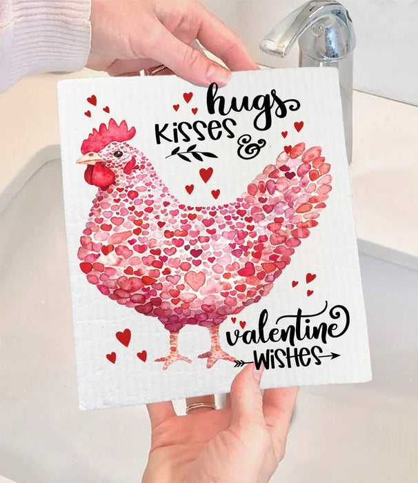 Valentine Chicken Hugs Kisses Swedish Dishcloth