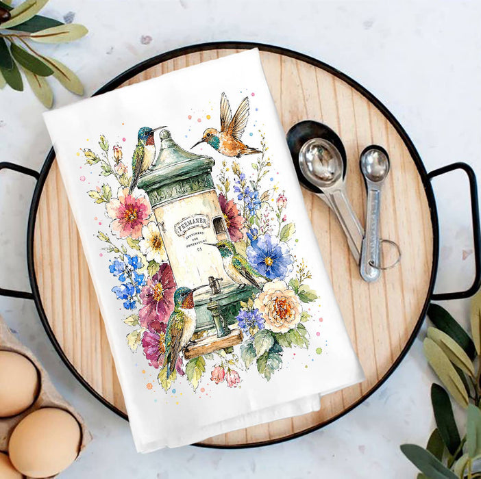Spring Hummingbirds Flowers Feeder Tea Towel