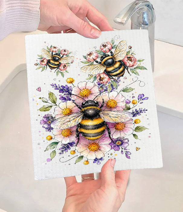 Whimsical Bees Flowers Swedish Dishcloth