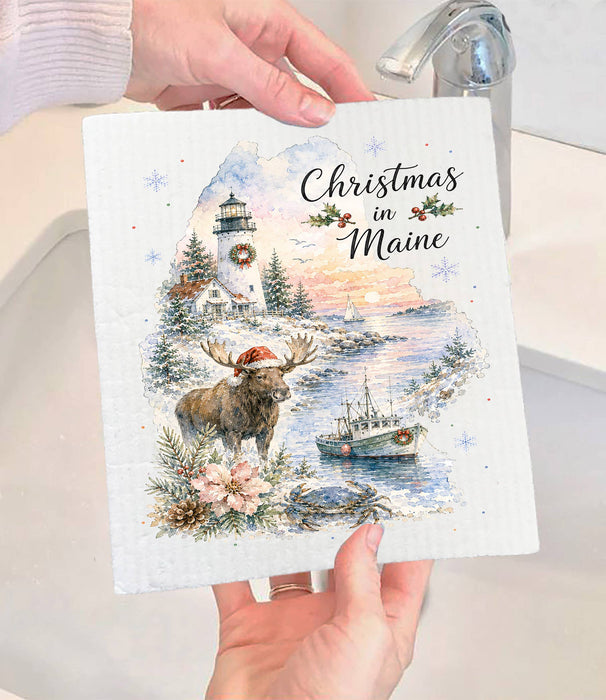 Christmas in Maine State Map Swedish Dishcloth