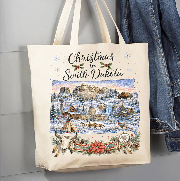 Christmas in South Dakota State Map Canvas Tote Bag