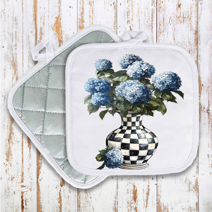 Checkered Vase with Blue Hydrangeas Pot Holder Oven Mitt