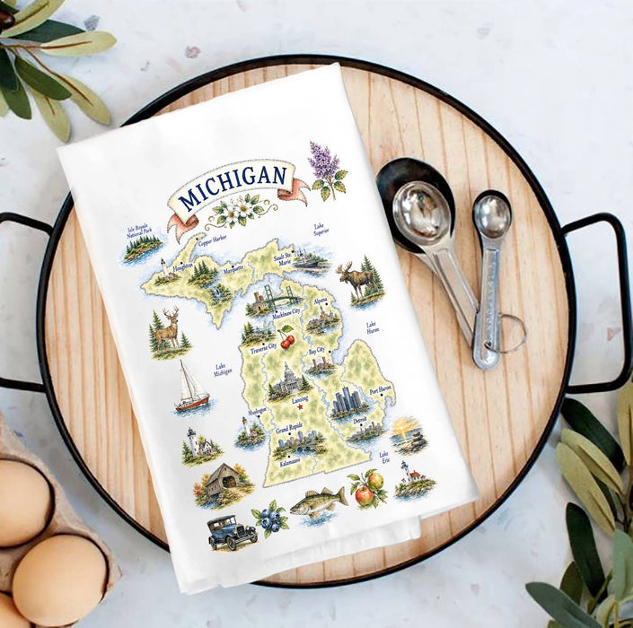 Michigan State Map Landmark Tea Towel