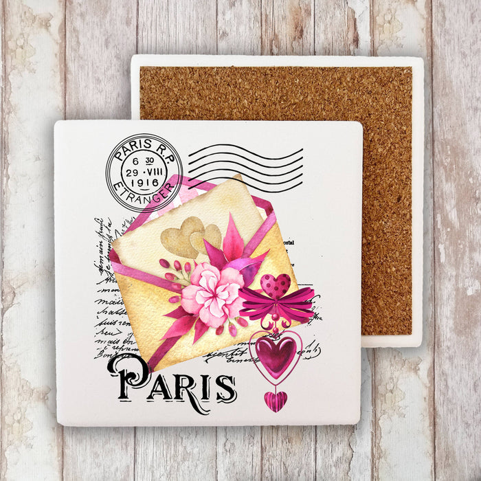 Valentine Paris Love Letter Flour Sack Stone Coaster