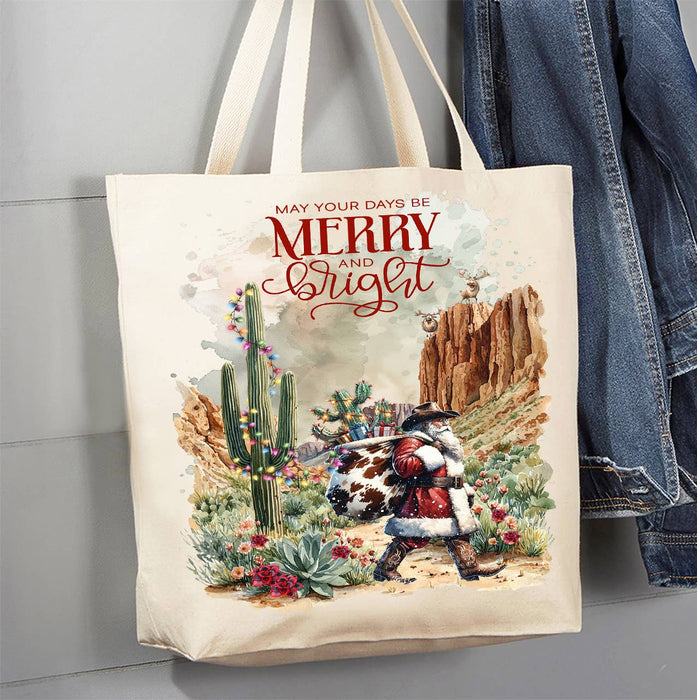 Christmas Cowboy Santa Cactus Desert Canvas Tote Bag