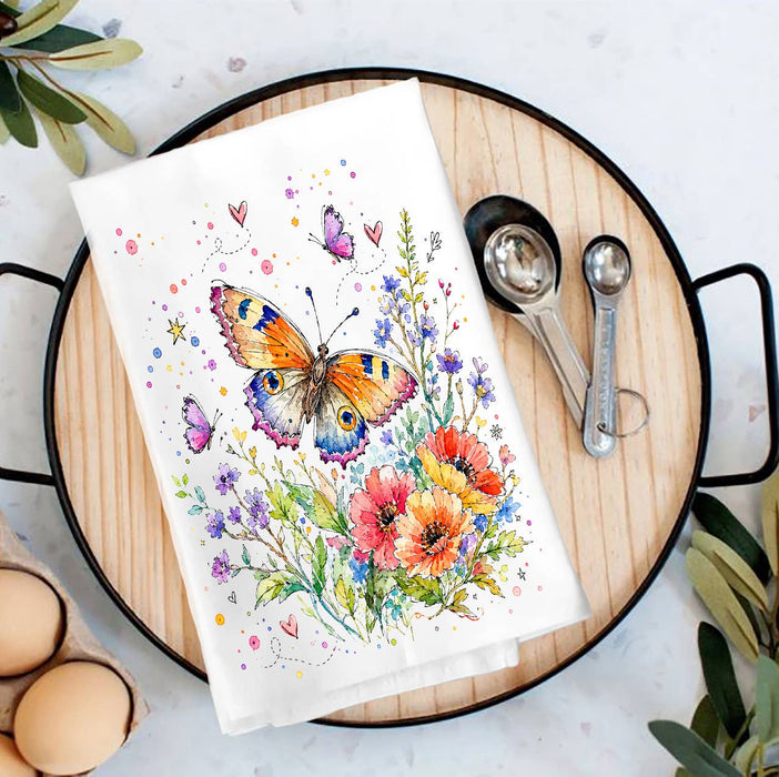 Whimsical Butterflies Flowers Tea Towel