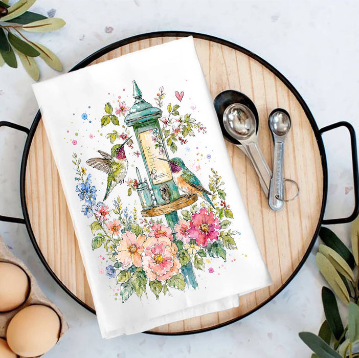 Spring Flowers Hummingbirds Tea Towel