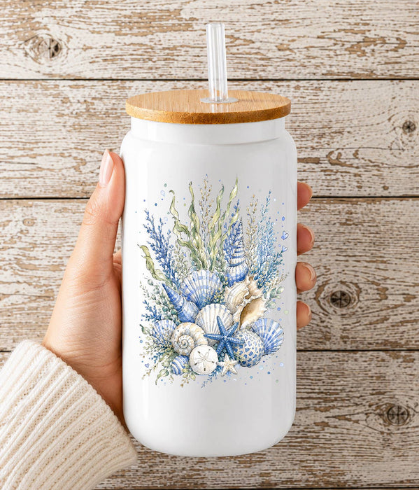 Coastal Blue Sea Shells Bouquet Glass Cup