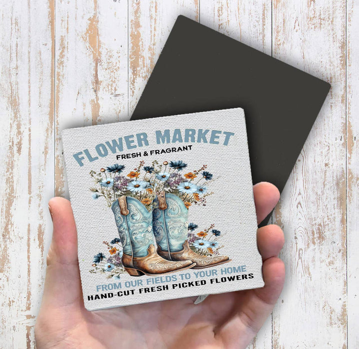 Western Cowboy Boots Flower Market Magnet Fridge