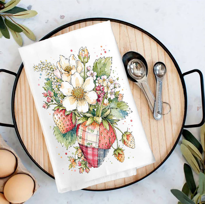 Watercolor Quilted Strawberry Tea Towel