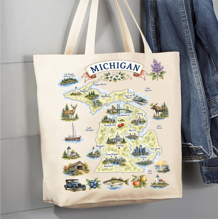 Michigan State Map Landmark Canvas Tote Bag
