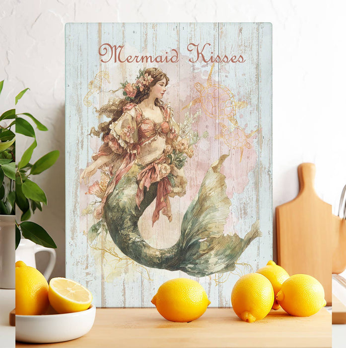 Vintage French Mermaid Kisses Glass Cutting Board Trivet