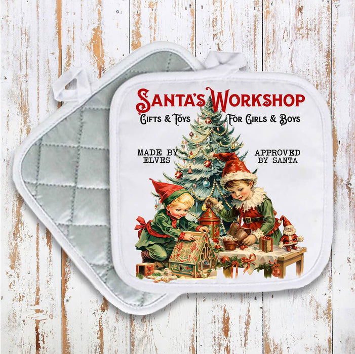 Christmas Vintage Elfs Workshop Pot Holder Oven Mitt