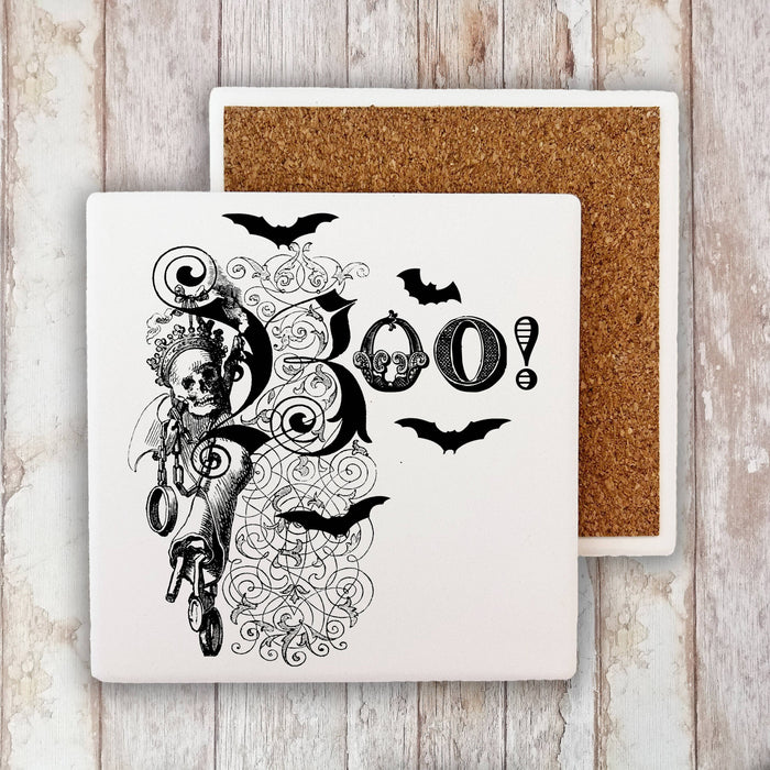 Boo Skeleton Skull Fancy, Stone Coaster
