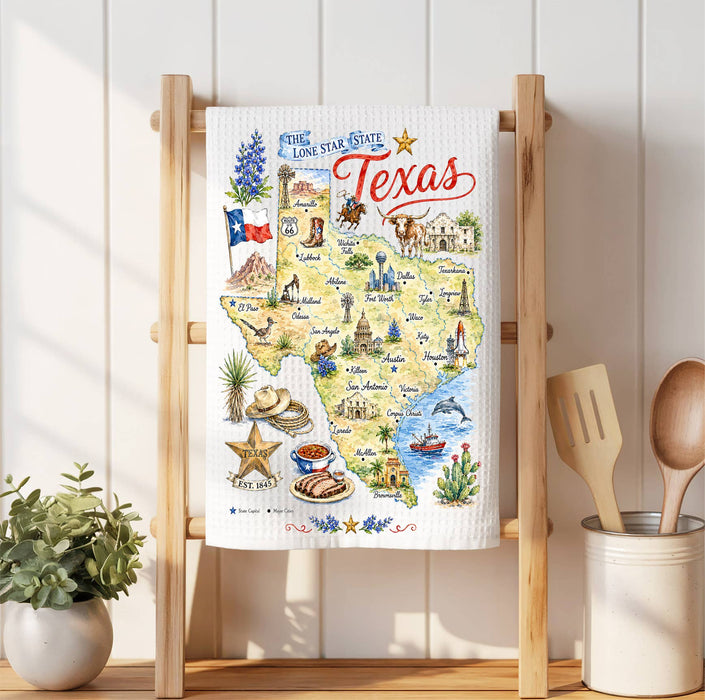 Texas State Map Landmark Waffle Weave Towel