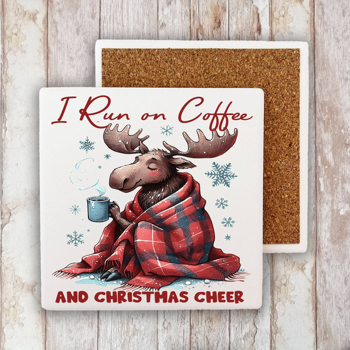Christmas Moose Run on Coffee Stone Coaster