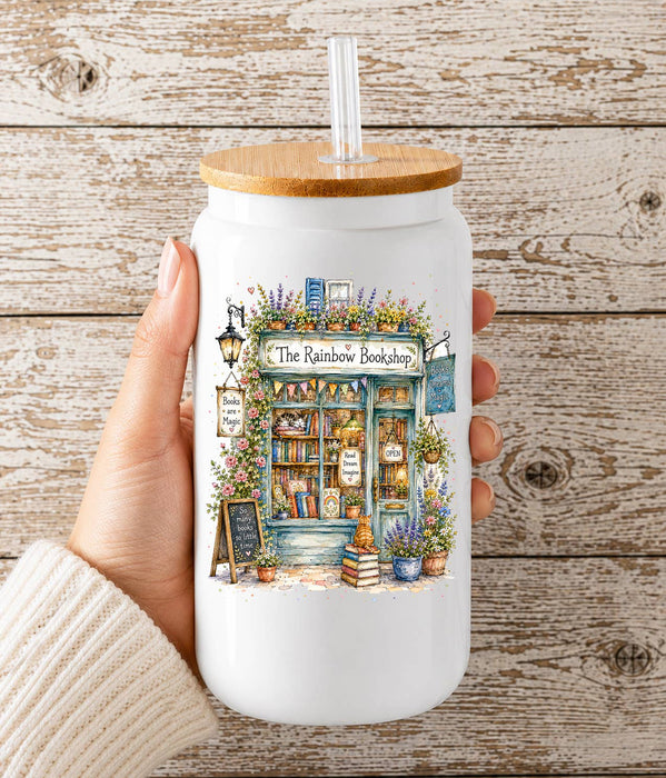 Whimsical Bookstore Bookshop Glass Cup