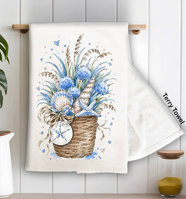 Coastal Blue Baskets of Shells Bouquet Kitchen Terry Towel