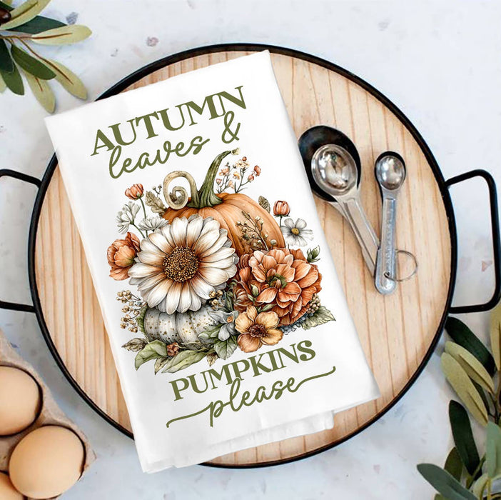 Autumn Leaves Pumpkins Please  Tea Towel