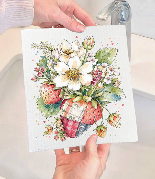 Watercolor Quilted Strawberry Swedish Dishcloth