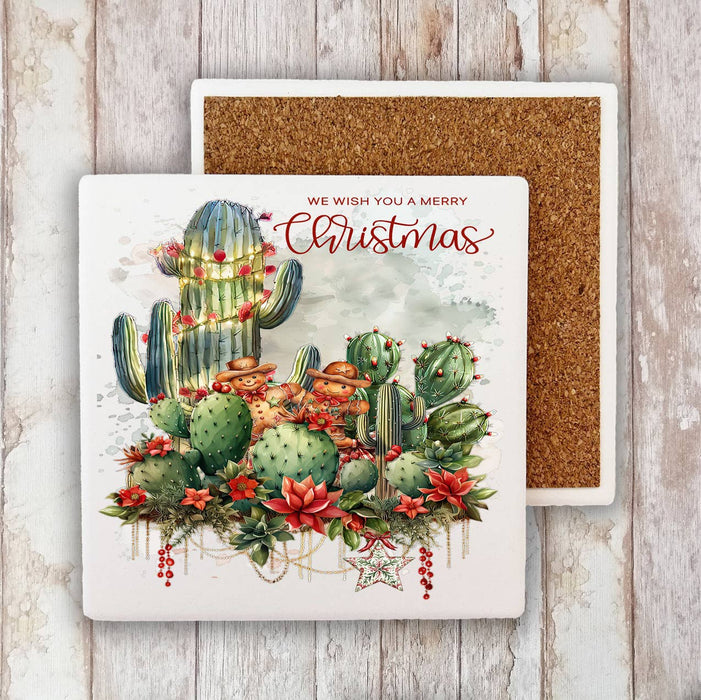 Merry Christmas Cactus Flowers Stone Coaster