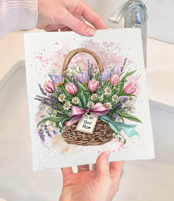 Mother's Day Basket Tulips Flowers Swedish Dishcloth