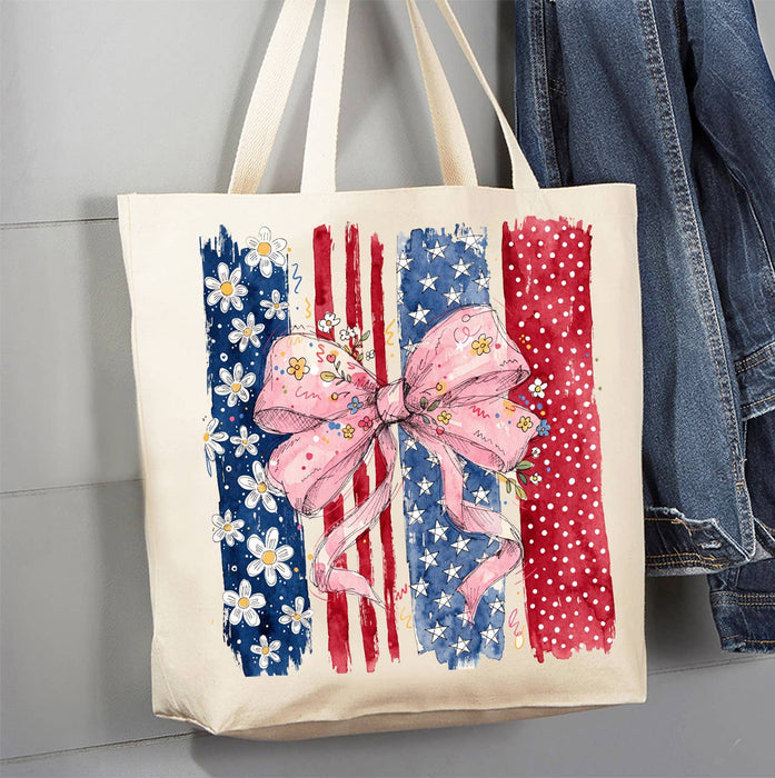 Patriotic red White Blue Bow Canvas Tote Bag