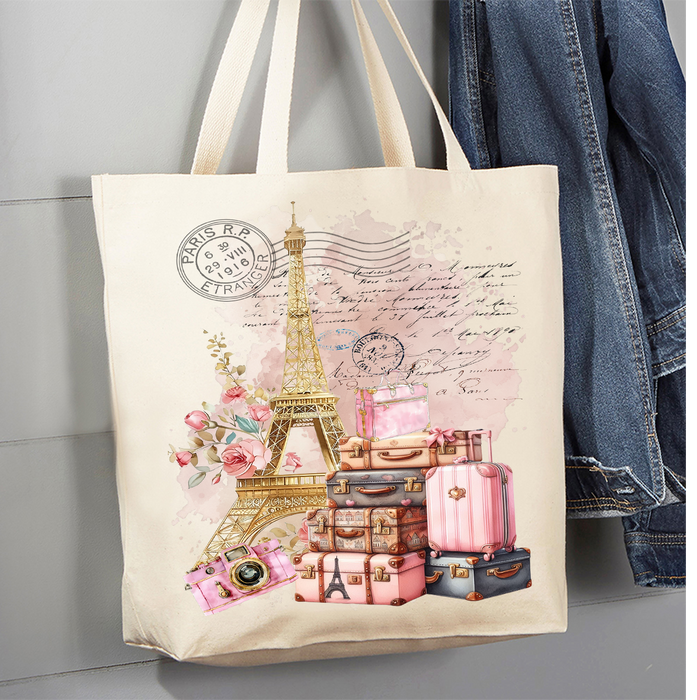 French Paris Eiffel Tower Luggage Canvas Tote Bag