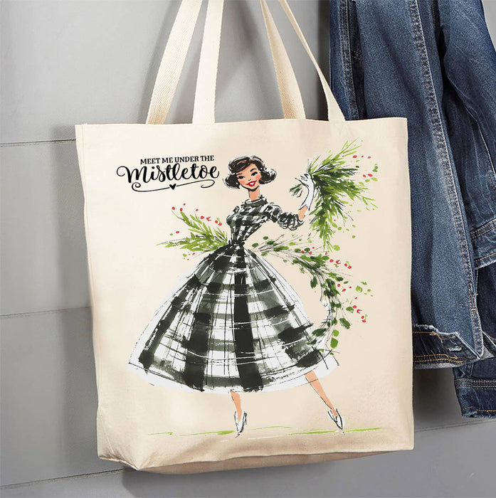 Retro Christmas Meet me Mistletoe Canvas Tote Bag