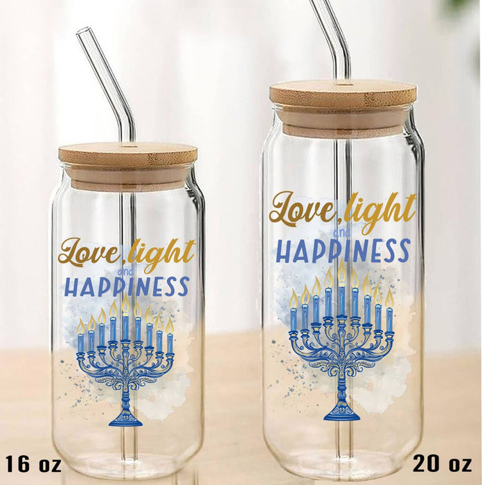 Hanukkah Menorah Love Light Can Glass with Lid Straw