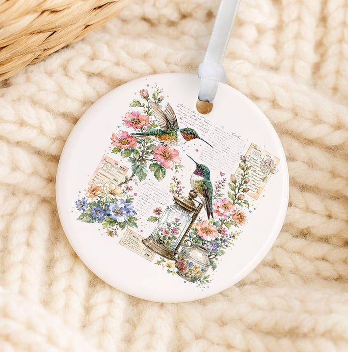 Vintage Flowers Hummingbirds Ornament