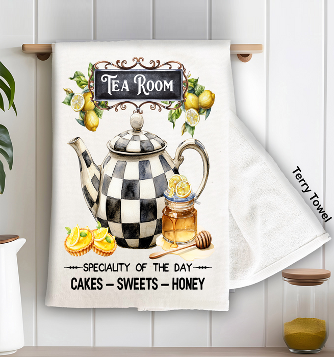 Checkered tea pot Tea Room Kitchen Terry Towel