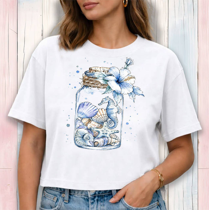 Coastal Blue Sea Shells in a Jar Cropped T-Shirt
