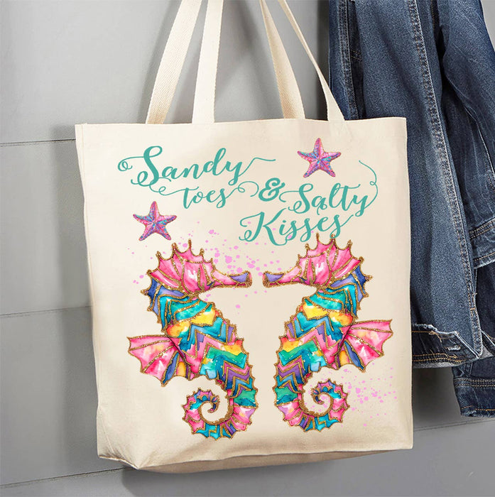 Seahorses Sandy Toes Salty Kisses Canvas Tote Bag
