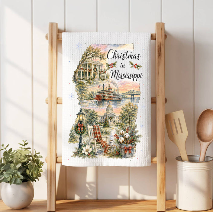 Christmas in Mississippi State Map Waffle Weave Towel
