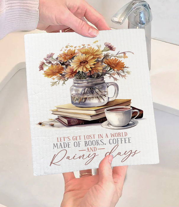 Autumn Fall Books & Coffee Rainy Day Swedish Dishcloth