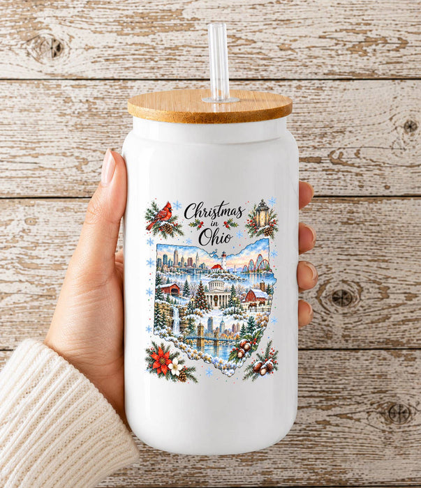 Christmas in Ohio State Map Glass Cup