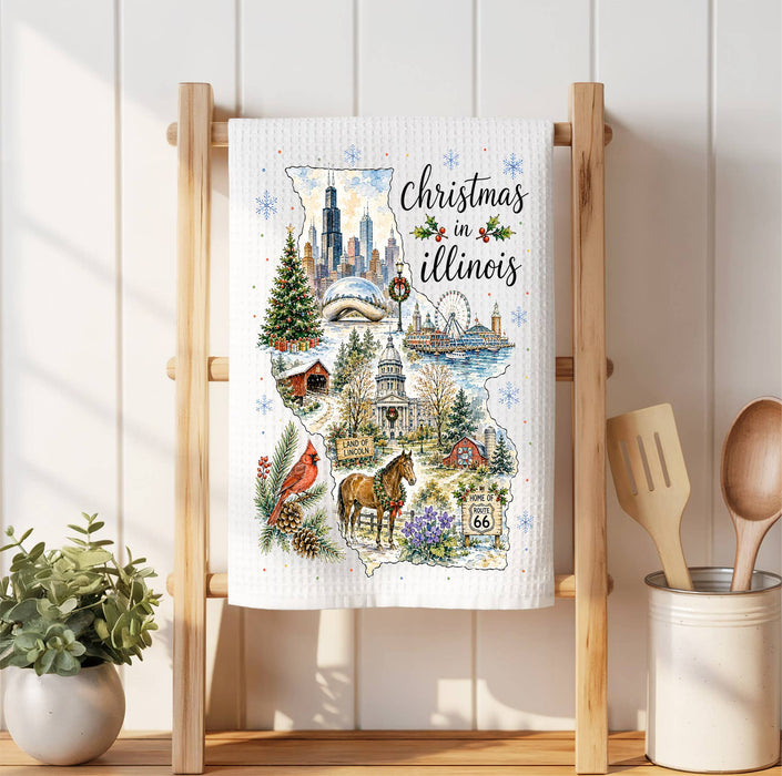 Christmas in Illinois State Map Waffle Weave Towel