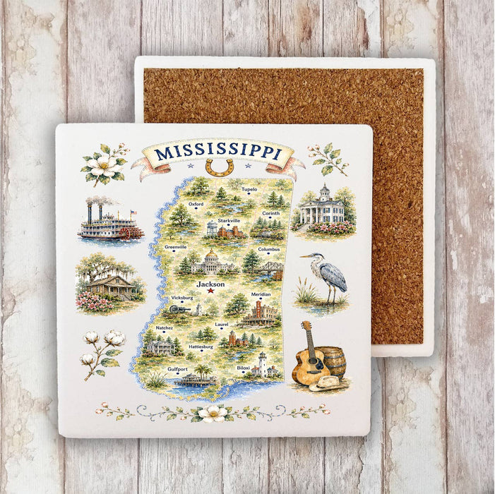 Mississippi State Map Landmark Stone Coaster