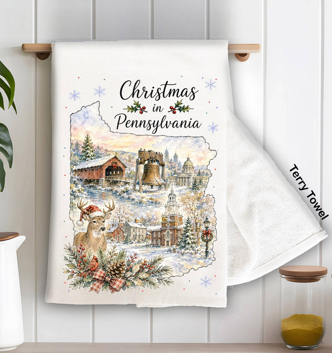 Christmas in Pennsylvania State Map Kitchen Terry Towel